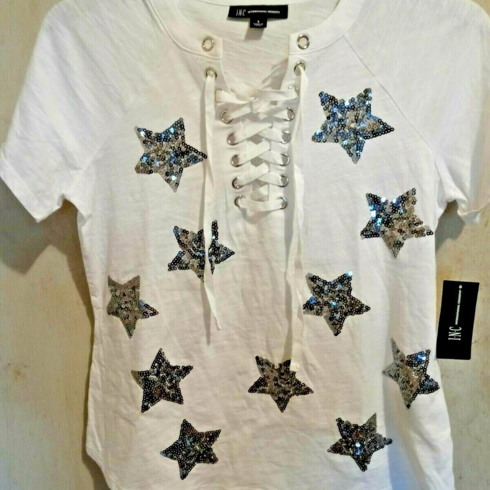International Concepts Women's Sequin-Star Cotton Lace-Up T-Shirt SM